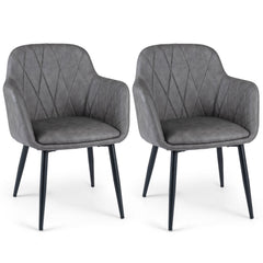 Set of 2 PU Leather Armchairs with Diamond Stitched Back and Metal Legs, Grey