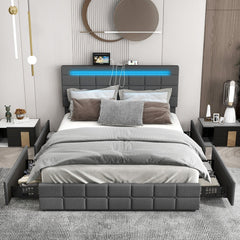Queen Upholstered LED Bed with 4 Rolling Drawers and Charging Station