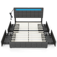 Queen Upholstered LED Bed with 4 Rolling Drawers and Charging Station