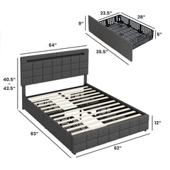 Queen Upholstered LED Bed with 4 Rolling Drawers and Charging Station