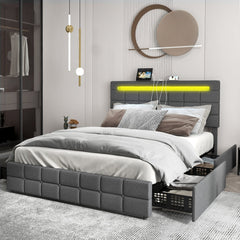 Queen Upholstered LED Bed with 4 Rolling Drawers and Charging Station