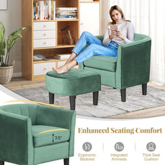 Upholstered Teddy Velvet Club Barrel Chair with Ottoman with Footrest-Green