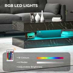 Coffee Table with Adjustable LED Lights, Modern Living Room Table with 2 Drawers, Open Shelf, Remote, High Gloss White