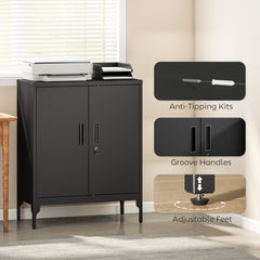 Office Storage Cabinet with Lock, Filing Cabinet with Adjustable Shelves and Doors for Home Office, Garage, Black