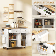 Kitchen Island with Storage, Rolling Trolley Cart with Rubber Wood Top, Spice Rack, Towel Rack, Brown Oak