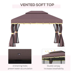 10 x 13ft Aluminum Frame Gazebo Canopy Double Tier Garden Shelter with Netting and Curtains, Coffee