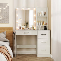 Vanity Desk with 3-Color Lights and Power Outlets-White