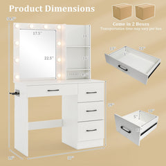 Vanity Desk with 3-Color Lights and Power Outlets-White