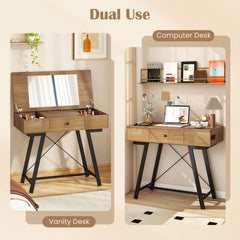 Vanity Desk with Flip Top Mirror Makeup Dressing Table-Rustic Brown