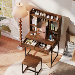 Vanity Desk with Storage Drawers and Charging Station-Walnut