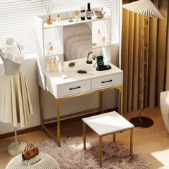 Vanity Desk with Storage Drawers and Charging Station-White