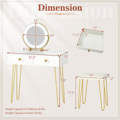 Vanity Desk with with Lighted Adjustable Mirror for Bedroom-White