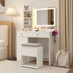 Vanity Dressing Table and Chair Set with Mirror and Lights-White