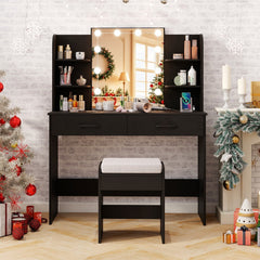 Vanity Set with Lighted Mirror and Stool with Power Outlet-Black