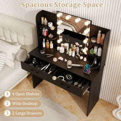 Vanity Set with Lighted Mirror and Stool with Power Outlet-Black