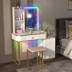 Vanity Table Set with RGB LED Lights and Wireless Charging Station-White