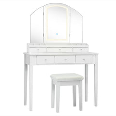 Vanity Table Stool Set with Large Tri-folding Lighted Mirror-White