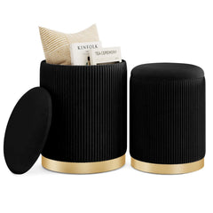 Velvet/Linen Fabric Storage Ottoman Set of 2-Black