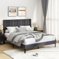 Velvet Upholstered Platform Bed with Height Adjustable Vertical Channel Headboard-Queen Size