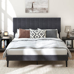 Velvet Upholstered Platform Bed with Height Adjustable Vertical Channel Headboard-Queen Size