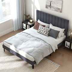 Velvet Upholstered Platform Bed with Height Adjustable Vertical Channel Headboard-Queen Size
