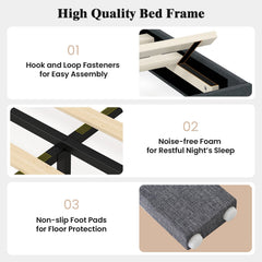 Velvet Upholstered Platform Bed with Height Adjustable Vertical Channel Headboard-Queen Size
