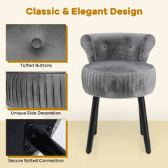 Velvet Vanity Chair with Back Upholstered Vanity Stool with Tufted Low Back and Solid Wood Legs-Gray