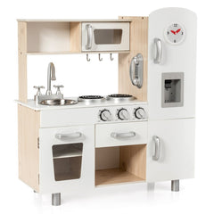 Vintage Style Wooden Play Kitchen for Kids with Water Dispenser, Clock and Cookware
