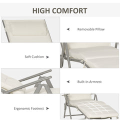 Lounge Chair Outdoor, Folding Patio Chaise Lounger, 360 lbs 7-Position Adjustable Back Outdoor Recliner with Cushion, Headrest for Garden, Backyard, Poolside, Cream White