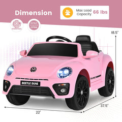12V Licensed Volkswagen Beetle Kids Ride On Car with Four Wheel Suspension and Locking Doors, Pink