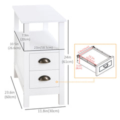 Slim End Table with 2 Drawers and Storage Shelf, Sofa Side Table for Living Room, Narrow Nightstand, White