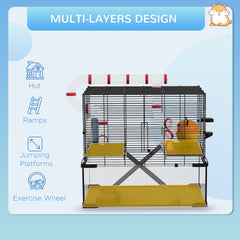 Hamster Cage with Deep Glass Bottom, Tunnel Tube System, Platforms, Hut, Exercise Wheel, Water Bottle, 24" x 16" x 22"