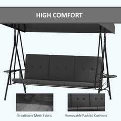 3-Seat Outdoor Porch Swing Patio Swing with Adjustable Canopy, Side Tray, Removable Cushion for Garden, Poolside, Blue