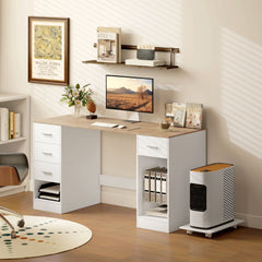 Office Desk, 55" Computer Desk with 4 Reversible Drawers, Mobile PC Stand, Adjustable Shelf, Black Wood Grain