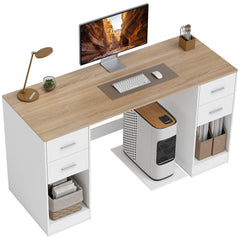 Office Desk, 55" Computer Desk with 4 Reversible Drawers, Mobile PC Stand, Adjustable Shelf, Black Wood Grain