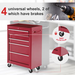 5-Drawer Rolling Tool Cabinet on Wheels, Lockable Tool Chest, Tool Organizer for Garage, Factory and Workshop, Black