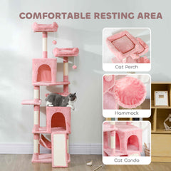 Cat Tree, 70" Multi-Level Cat Tower with 2 Condos, 2 Perches, Hammock, Toy Balls, Scratching Posts and Board, Dark Grey