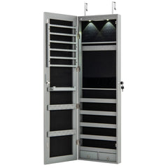 Wall and Door Mounted Mirrored Jewelry Cabinet with Lights-Gray