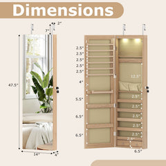 Wall and Door Mounted Mirrored Jewelry Cabinet with Lights-Natural