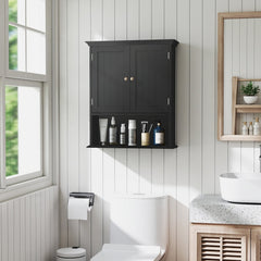 Wall Mount Bathroom Cabinet Storage Organizer with Doors and Shelves-Black