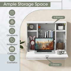 Wall-Mount Floating Desk Foldable Space Saving Laptop Workstation White