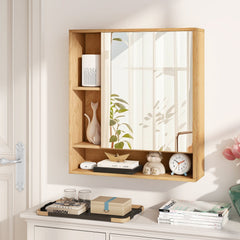 Wall Mounted, Bathroom Cabinet with Mirror Single Door-Natural