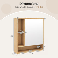 Wall Mounted, Bathroom Cabinet with Mirror Single Door-Natural