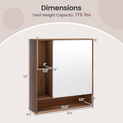 Wall Mounted, Bathroom Cabinet with Mirror Single Door-Walnut
