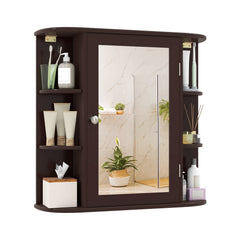 Wall-Mounted Bathroom Mirror Cabinet with Storage Shelves-Brown