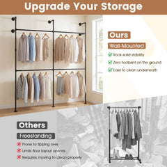 Wall Mounted Pipe Clothing Rack with 4 Hanging Rods-Black
