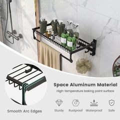 Wall Mounted Towel Shelf with Adjustable Towel Bar and Movable Hooks No Assembly Required