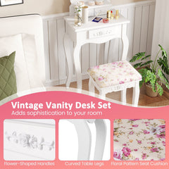 Makeup Dressing Table and Bench 3 Drawers and Cushioned Stool for Girls-White