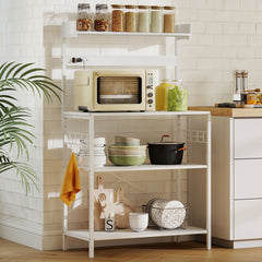 Kitchen Baker's Rack with Power Outlet, Coffee Bar Station with Adjustable Shelves and Hooks, Distressed Grey
