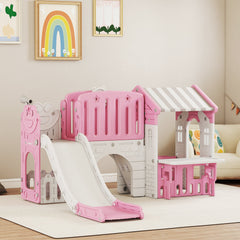 7-in-1 Toddler Slide, Kids Slide Climber Playset with Playhouse and Basketball Hoop for 1-4 Years, Grey